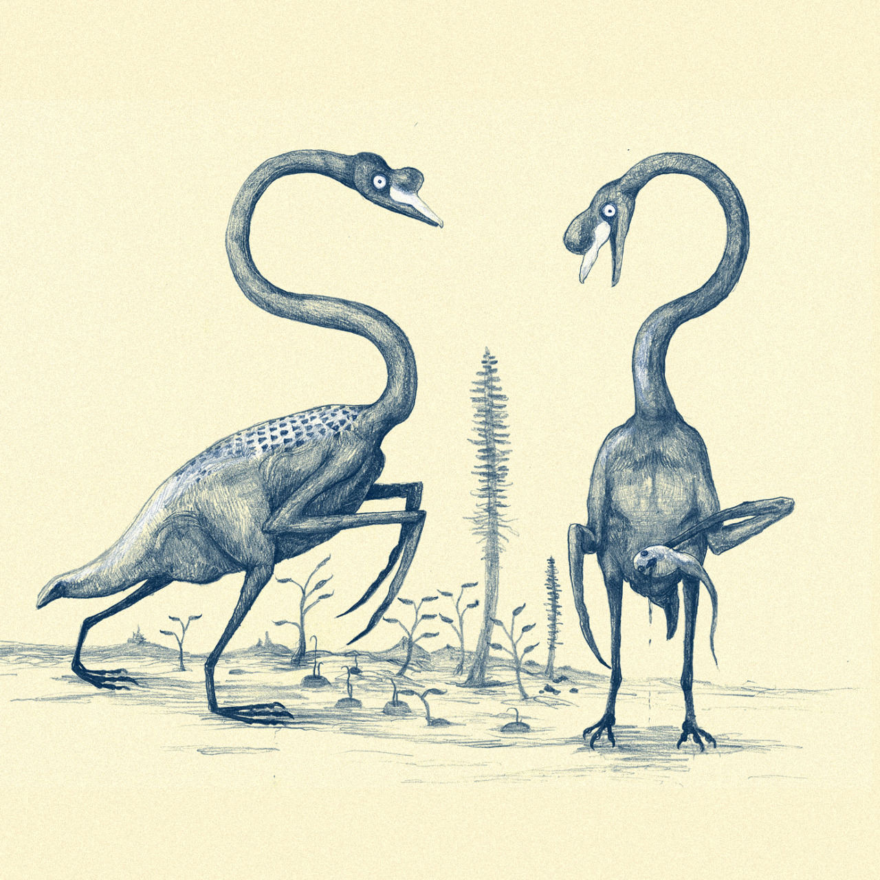 An illustration of two shrink-wrapped swans appearing like terrifying alien creatures